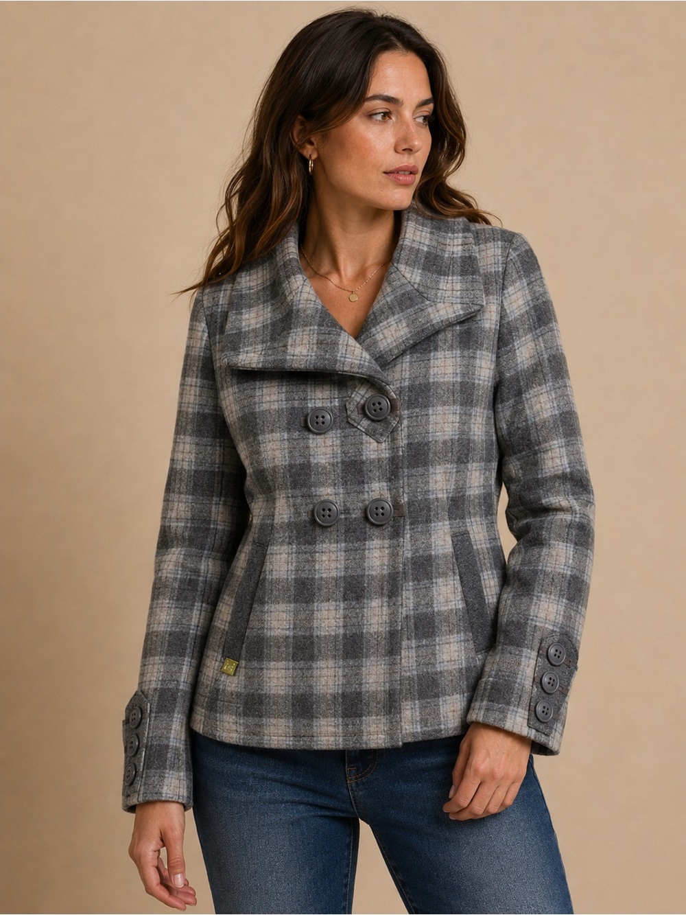 Soia & Kyo Pea Coat Womens Medium - Collard - Double Breasted - Gray Plaid Y2K